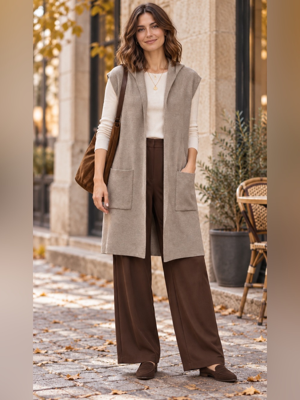 Belldini Hooded Open-Front Vest in Tan Taupe Size Small